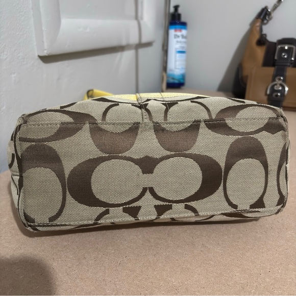 Coach Signature Canvas Yellow Stripe Leather Trim Shoulder Tote Trapezoid Bag - Picture 11 of 15